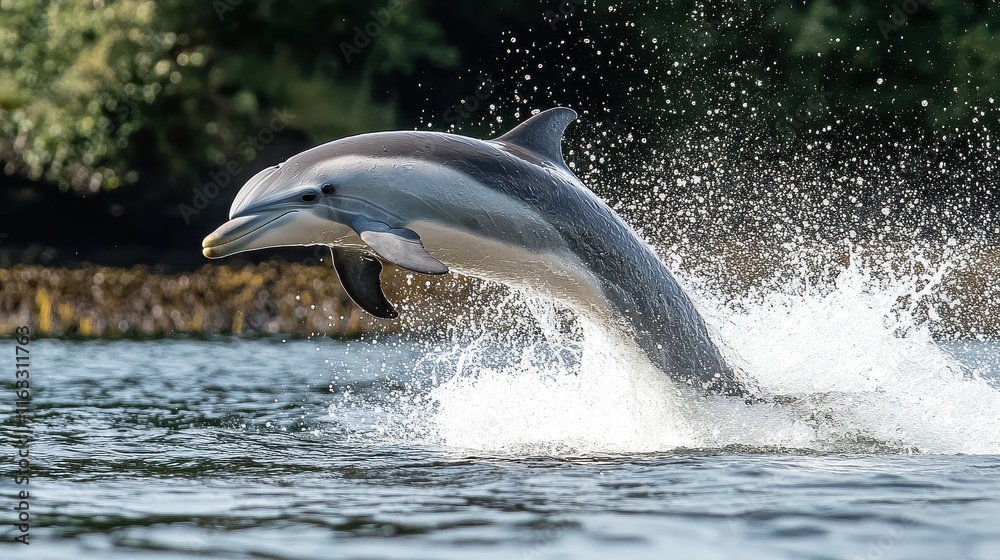 Fototapeta premium A Pacific white-sided dolphin leaps from the ocean, creating a splash. Perfect for websites, documentaries, or promoting ocean conservation.