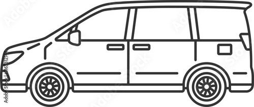 横から見た、ミニバンの自動車（線画）のイラスト
