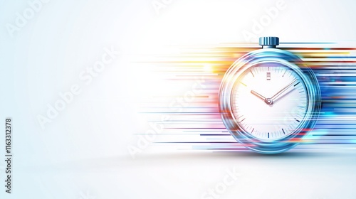 abstract illustration of a stopwatch moving fast through time and space with light trails on white background