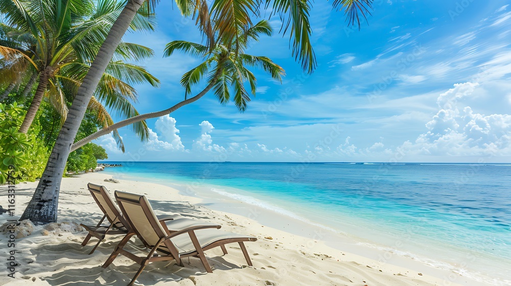 Two lounge chairs sit on a pristine beach, under swaying palm trees. The turquoise ocean and bright blue sky make for a picture perfect day. Two lounge chairs sit on a pristine beach, under swaying palm trees. The turquoise ocean and bright blue sky make for a picture perfect day.