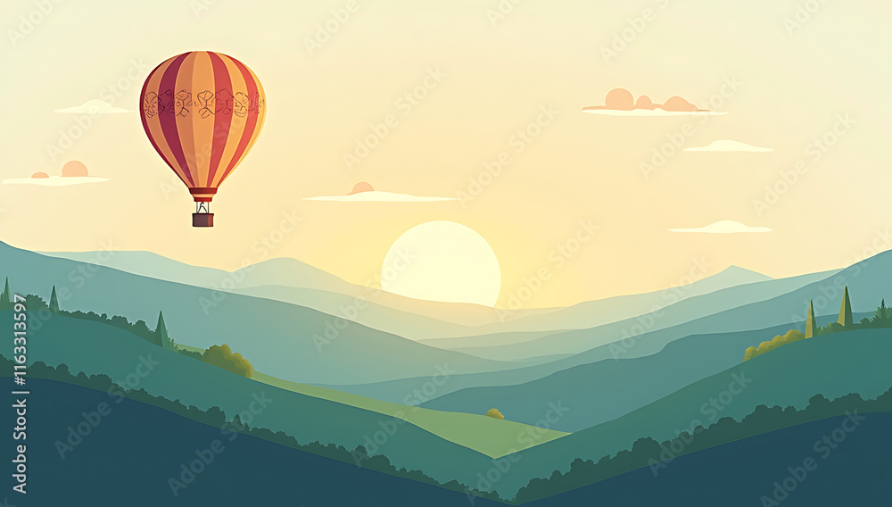 A hot air balloon floating above rolling hills, drawn with pastel shades and a flat vector style.
A hot air balloon floating above rolling hills, drawn with pastel shades and a flat vector style.
