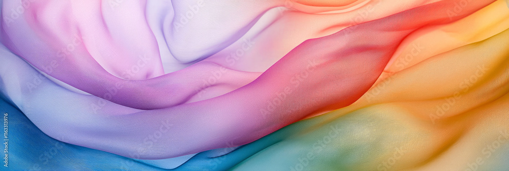 A macro shot of an ethereal, rainbow-colored scarf, its fabric flowing gracefully in the wind against a soft, grey background, generative AI A macro shot of an ethereal, rainbow-colored scarf, its fabric flowing gracefully in the wind against a soft, grey background, generative AI