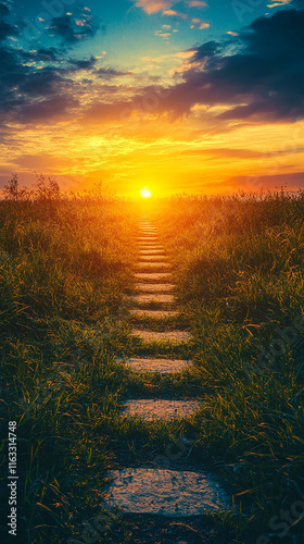 Pathway leading to a glowing goal on the horizon