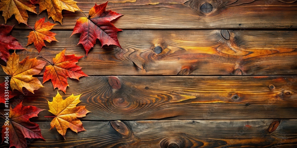 Fototapeta premium Autumn Leaves on Rustic Wooden Background A Seasonal Design Element