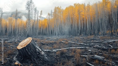 Cut tree stump amidst a forest of yellow aspen trees, showcasing deforestation. Illustrates environmental themes like logging, habitat loss, and climate change impact.