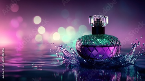 This luxury perfume bottle, highlighted by vibrant purple and green lighting, floats elegantly on water. Exploding droplets and reflections add a sense of dynamic beauty. photo