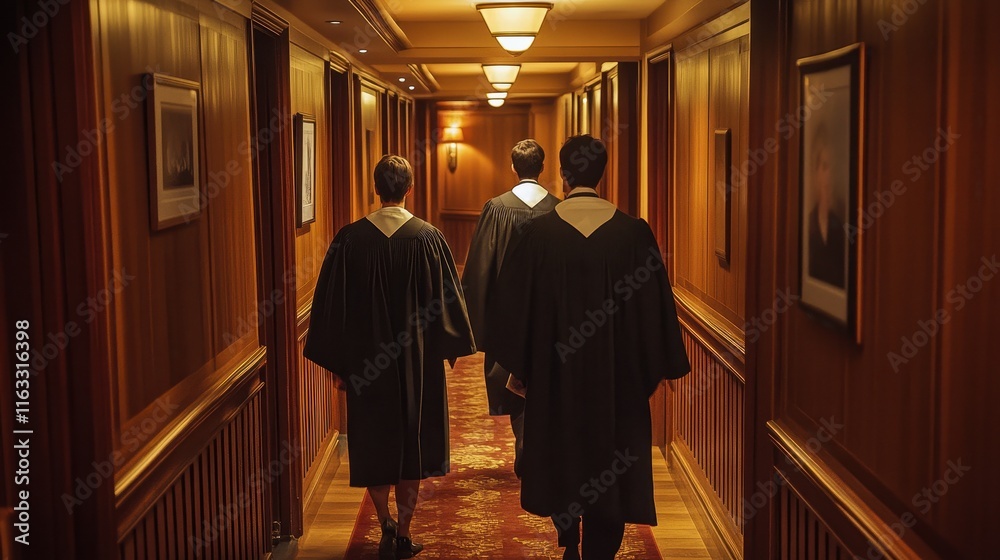 Naklejka premium Three lawyers in robes walk down a corridor. Illustrates legal profession, formality, and mystery.