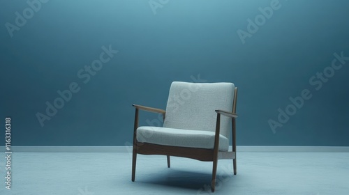 A mid-century modern chair against a blue wall, emphasizing design and comfort.