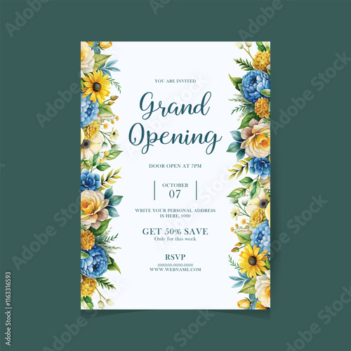 Grand Opening Flyer Template, Realistic grand Opening Invitation template decorated with floral design with elegant flowers