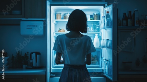 Woman standing before open refrigerator, illuminated interior. Depicts late-night snacking or midnight hunger.