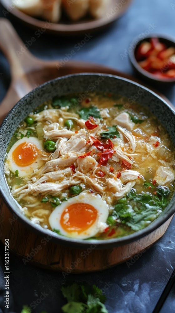 Delicious Chicken Soup with Soft Boiled Eggs and Herbs Delicious Chicken Soup with Soft Boiled Eggs and Herbs