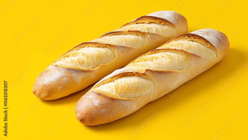 Two freshly baked baguettes on a bright yellow background. Two freshly baked baguettes on a bright yellow background.