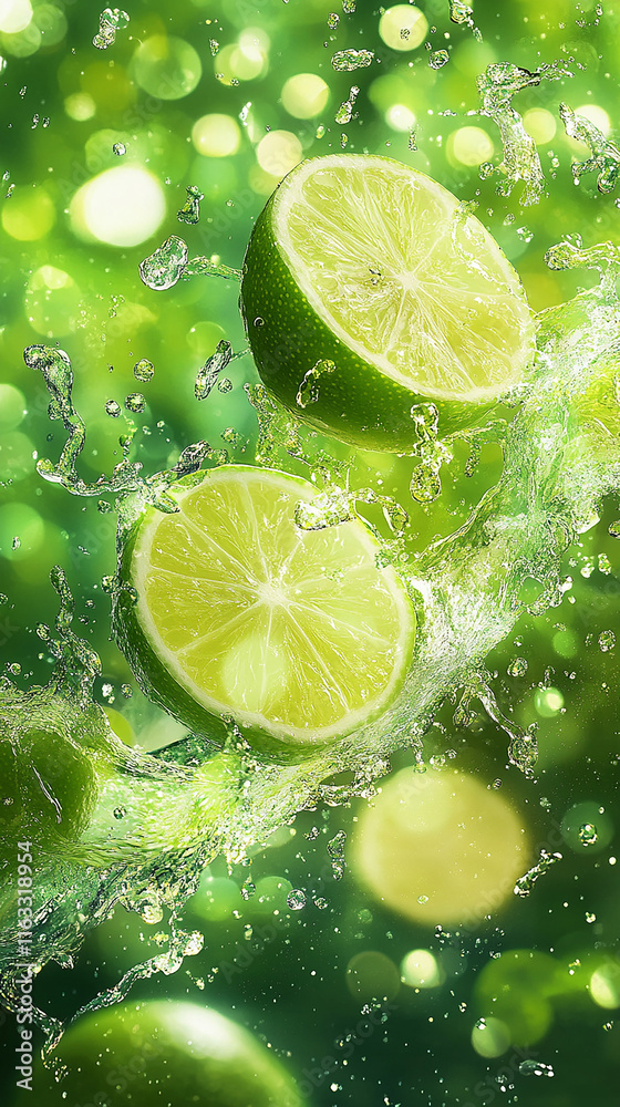 Sliced limes exploding in a splash of sparkling water Sliced limes exploding in a splash of sparkling water