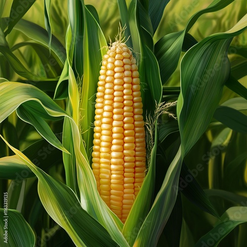 Golden Corn Cob in Lush Green Field: A Vibrant Harvest Scene photo