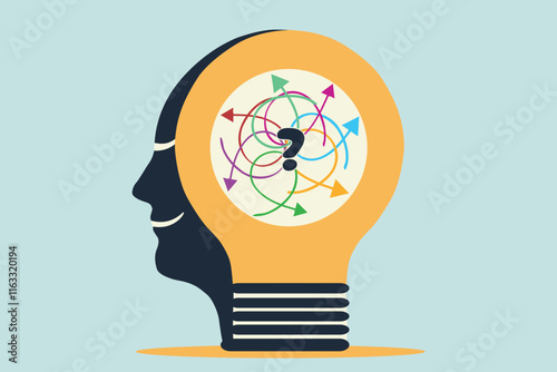 light bulb eruption idea, head with light bulb, messy arrow, business plan, decision making, evaluation investment, mind map. 