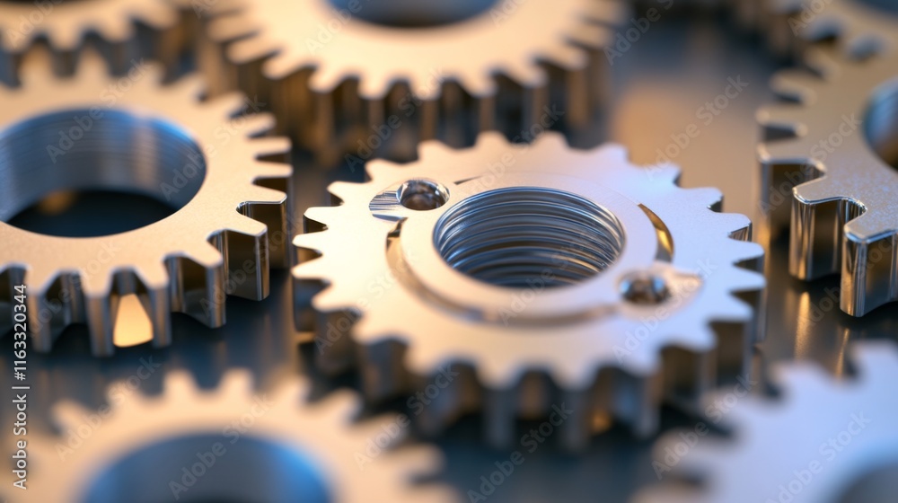 Close-Up of Metallic Gears with Intricate Details and Reflections, Highlighting the Precision Engineering and Industrial Design in Mechanical Components Close-Up of Metallic Gears with Intricate Details and Reflections, Highlighting the Precision Engineering and Industrial Design in Mechanical Components