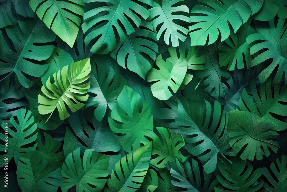 Fototapeta premium Green Tropical Leaves Frame Wallpaper, Modern Botanical Border Wallpaper, Design for Nature-Themed Art and Stylish Backdrops, Copy Space for Text