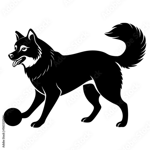 silhouette vector illustration of A Alaskan Malamute  playing with a ball  on white background 
