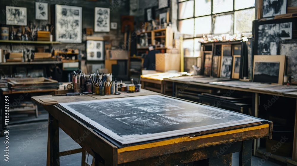 Fototapeta premium A cluttered artist's studio, featuring a large print in progress on a workbench. This image depicts the creative process, ideal for articles on art or design.