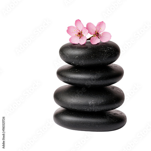 Smooth Black Spa Stones with White Streaks and Flowers