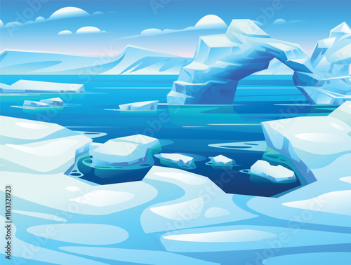 Scenic view of Arctic ocean with ice formations and arch shaped iceberg reflecting on water. Vector cartoon illustration