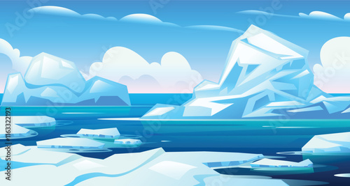 Arctic landscape with massive icebergs and calm blue waters under a sunny sky. Vector cartoon illustration