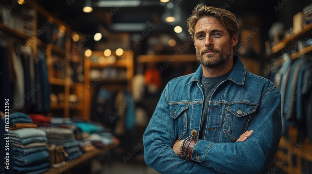 A man in a denim jacket stands confidently in a clothing store filled with apparel.