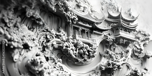 Intricate Carvings: A mesmerizing black and white image showcasing the intricate details of a traditional Chinese architectural structure. The carved stonework depicts a swirling cloud pattern. photo