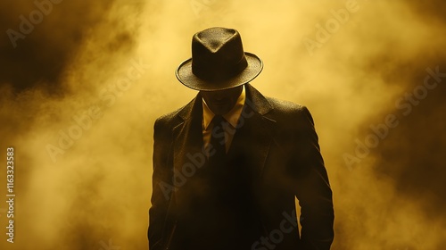 Mysterious Man in Fedora Hat, Golden Smoke Background