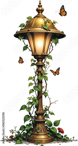 Vector image of a very beautifully carved garden lamp covered with quite dense vines.