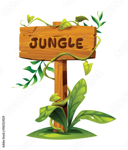 Wooden jungle signpost with vines and surrounded by tropical plants. Vector cartoon illustration