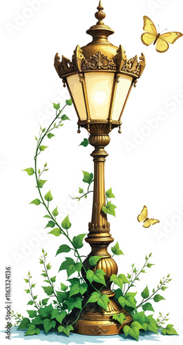 Vector image of a very beautifully carved garden lamp covered with quite dense vines.