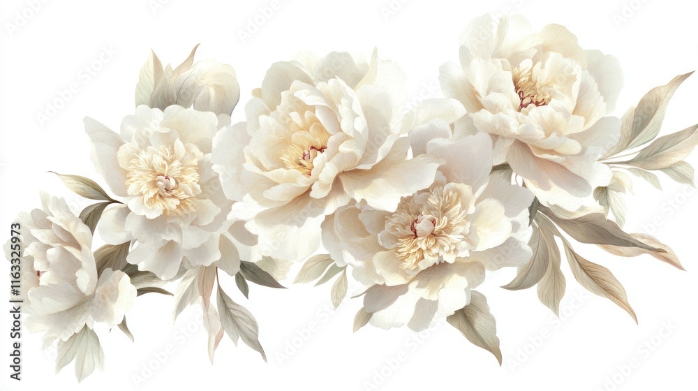 Obraz premium A cluster of white peonies with soft pink accents, their layered petals intricately detailed, arranged on a clean white background in a classic vintage painting style.