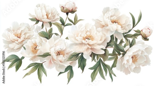 A cluster of white peonies with soft pink accents, their layered petals intricately detailed, arranged on a clean white background in a classic vintage painting style.