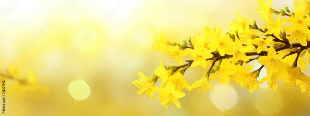 Bright Yellow Forsythia Flowers Blooming in Springtime Light with Gentle Artistic Bokeh Background Bright Yellow Forsythia Flowers Blooming in Springtime Light with Gentle Artistic Bokeh Background