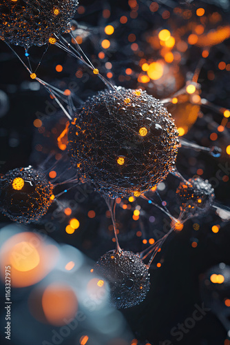 Digital concept of nanotechnology particles interacting with a cell structure photo