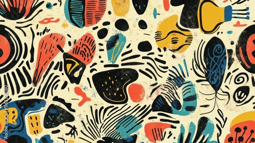 A lively assortment of hand-drawn chalk doodles, showcasing whimsical shapes, abstract patterns, and nature-inspired elements, set against a textured off-white background.