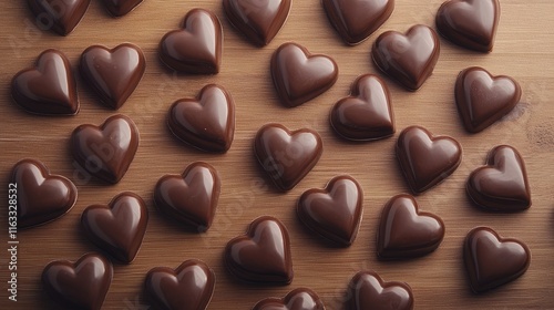 A Beautiful Arrangement of Handmade Chocolate Hearts on a Wooden Surface for Sweet Celebrations and Romantic Occasions, Perfect for Treats or Gifts