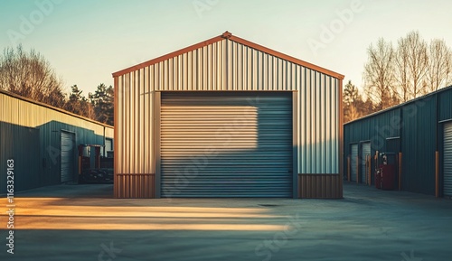 Rustic Metal Garage at Sunset photo