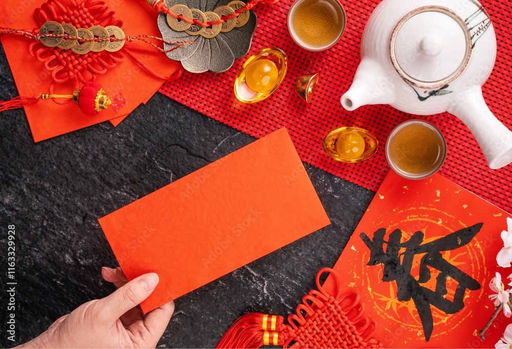Fototapeta premium Red envelopes and ornaments and knick-knacks for the Lively Chinese New Year, Chinese New Year Celebration, Chinese New Year Decorations