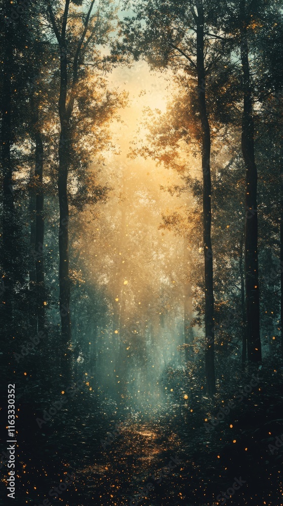 Obraz premium Magical forest path with glowing fireflies and soft sunlight.