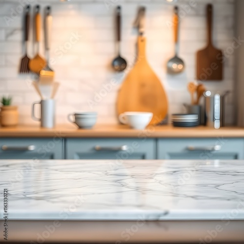 Wallpaper Mural Stylish marble tabletop on wooden platform with copyspace for your logo at blurry kitchen utensils and dishes on light wall background Torontodigital.ca