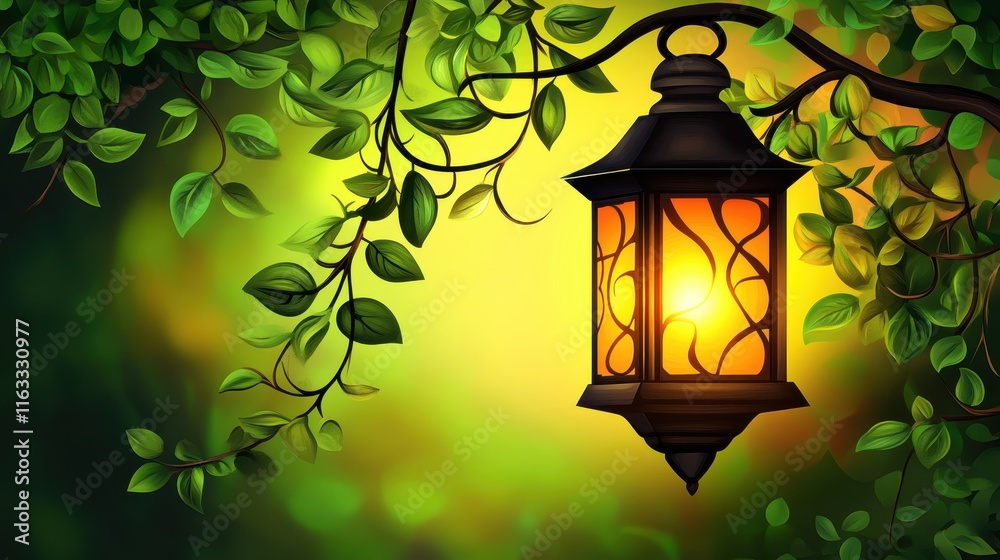 Lantern Surrounded by Lush Greenery and Soft Glow Lantern Surrounded by Lush Greenery and Soft Glow