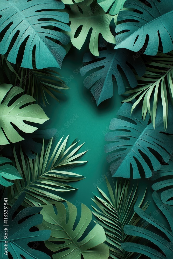 Fototapeta premium Green Tropical Leaves Frame Wallpaper, Modern Botanical Border Wallpaper, Design for Nature-Themed Art and Stylish Backdrops, Copy Space for Text