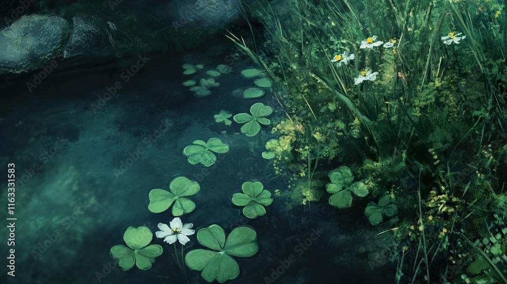 Fototapeta premium Serene Pond: Clover, Daisies, and Tranquil Waters