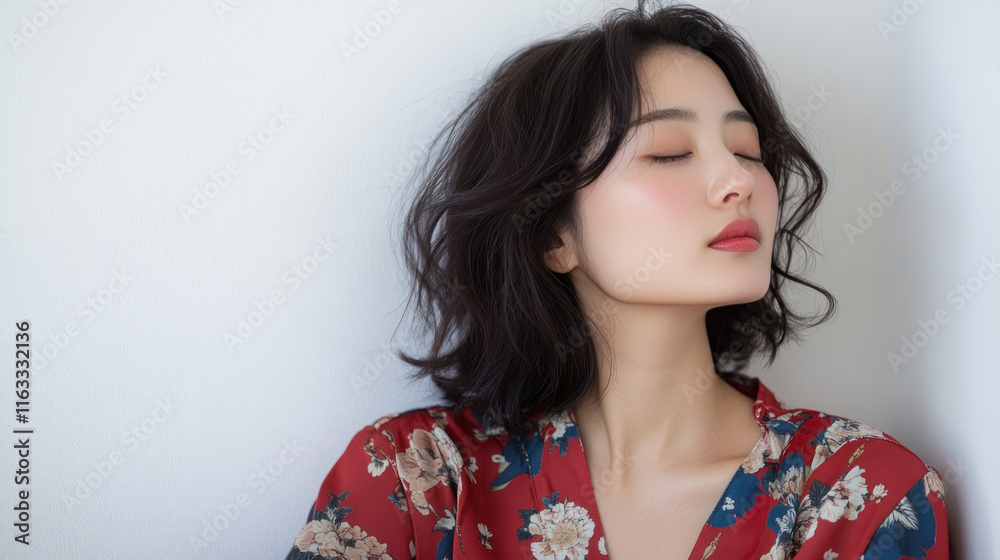 Chinese woman in pajama sitting on comfortable sofa with eyes closed and relaxing Chinese woman in pajama sitting on comfortable sofa with eyes closed and relaxing