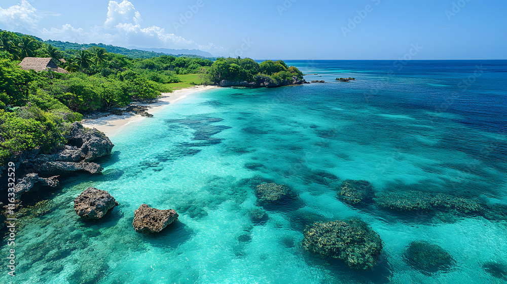 Secluded tropical beach with turquoise water and lush greenery. Secluded tropical beach with turquoise water and lush greenery.