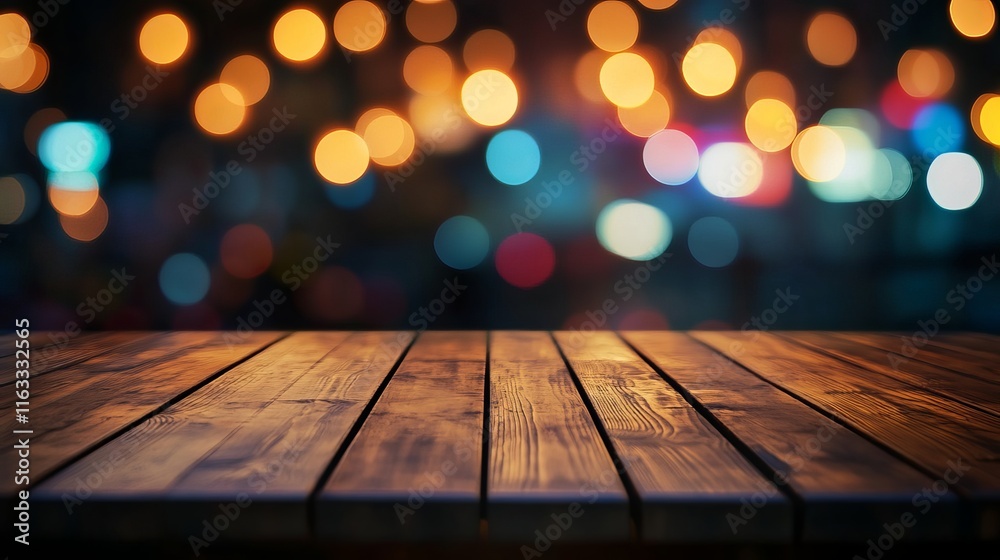 Close-up of wooden table with blurred bokeh background and neon lights, nighttime interior scene Close-up of wooden table with blurred bokeh background and neon lights, nighttime interior scene