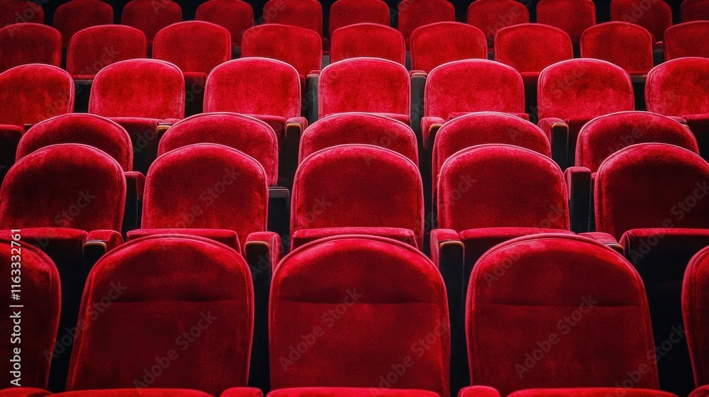 Obraz premium Rows of empty red velvet theater seats.