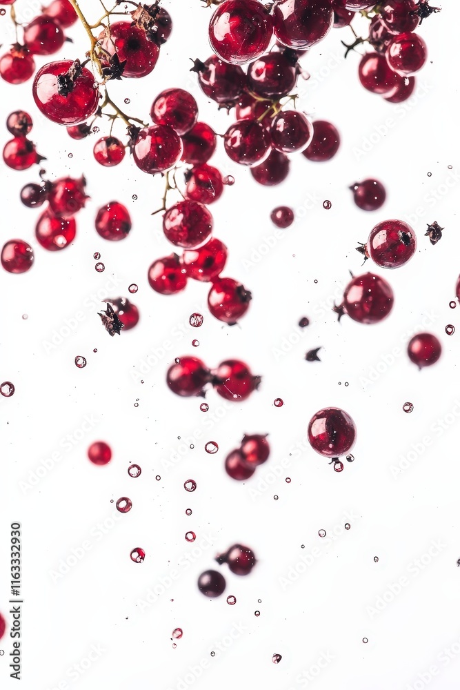Falling black currant berries floating in the air isolated on white background